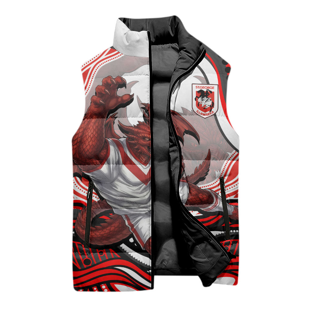 Personalized St George Illawarra Dragons Sleeveless Puffer Jacket Aboriginal Dot Art - Dreamtime Rugby Mascot