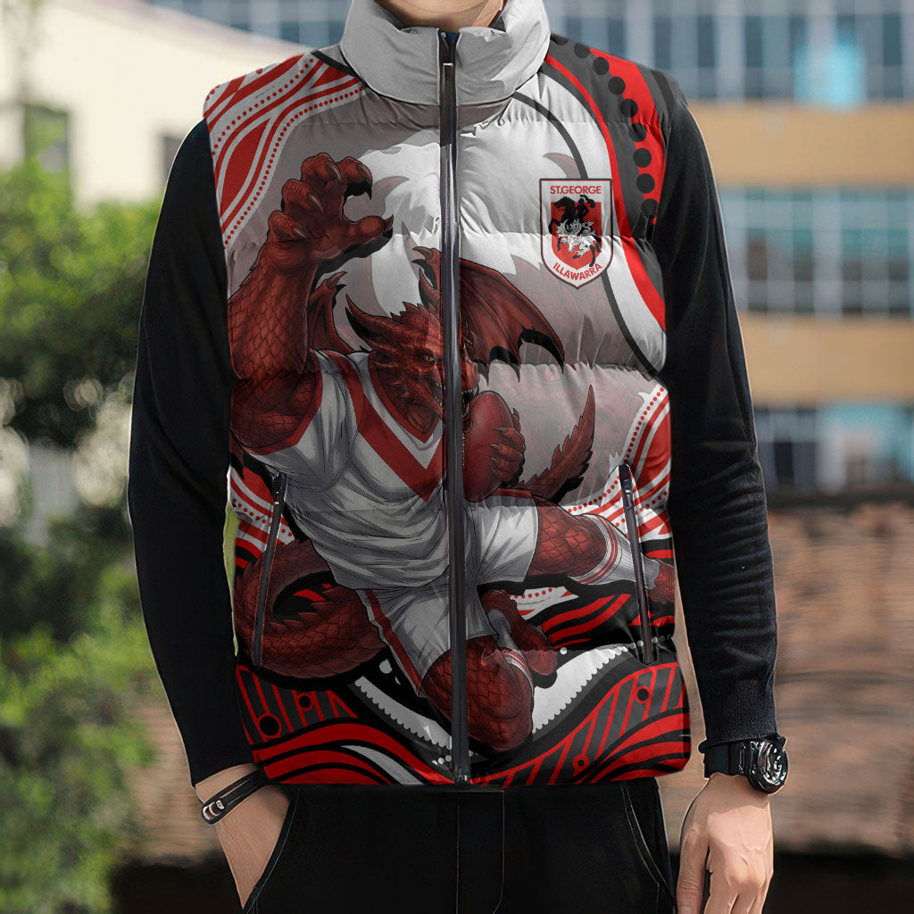 Personalized St George Illawarra Dragons Sleeveless Puffer Jacket Aboriginal Dot Art - Dreamtime Rugby Mascot
