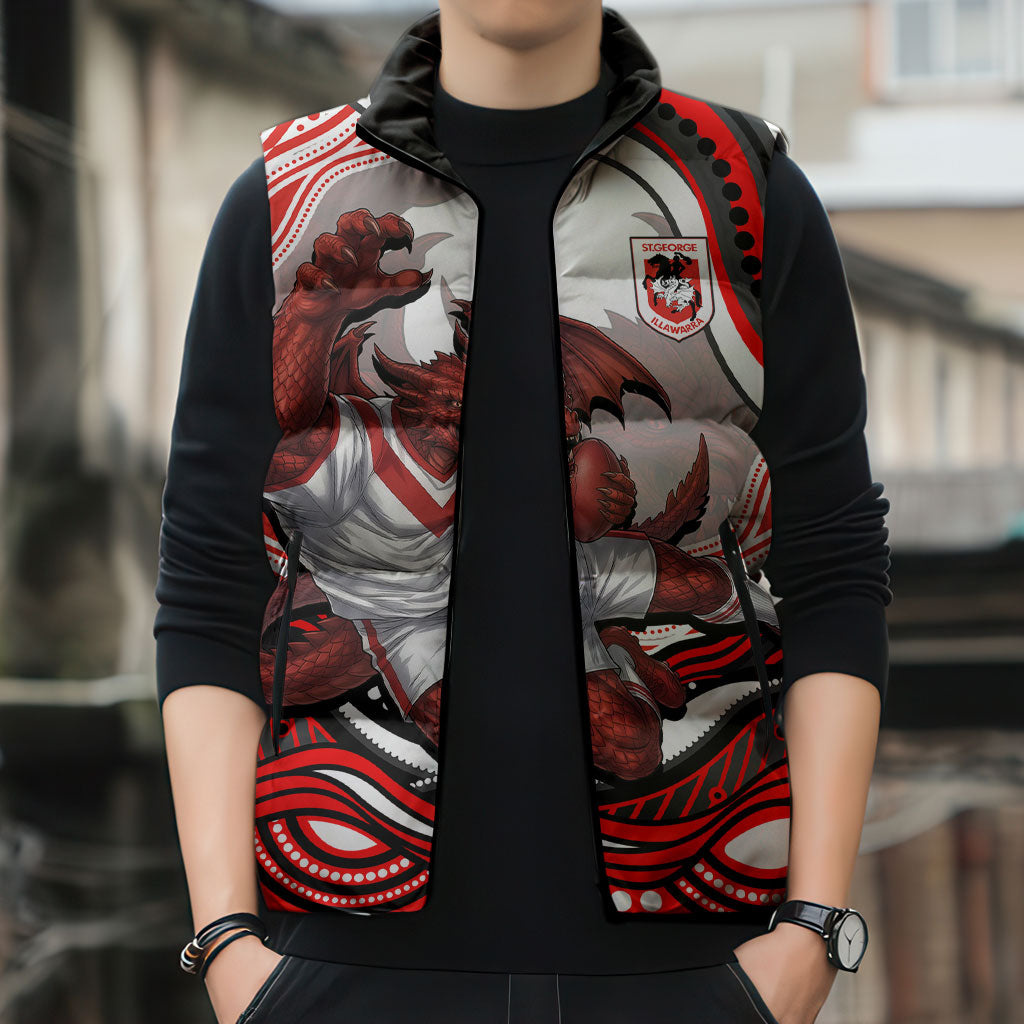 Personalized St George Illawarra Dragons Sleeveless Puffer Jacket Aboriginal Dot Art - Dreamtime Rugby Mascot