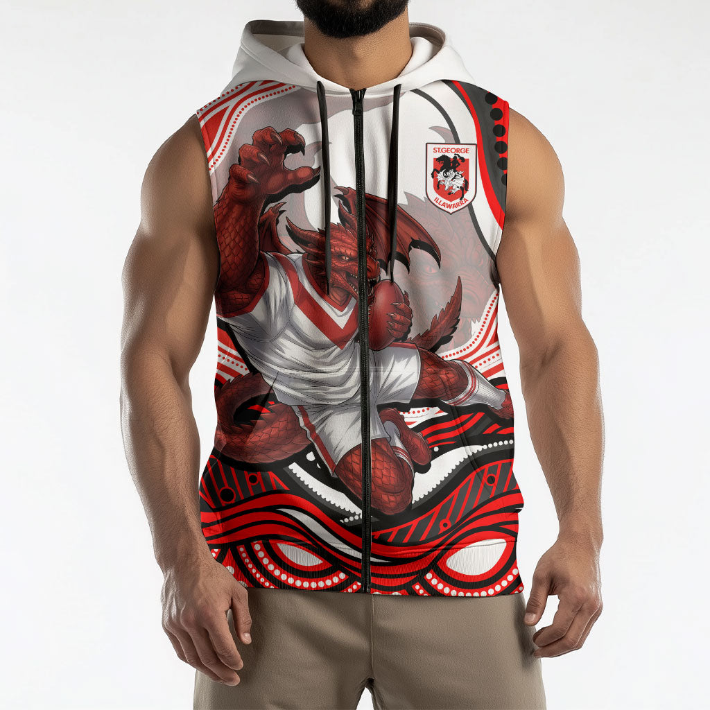 Personalized St George Illawarra Dragons Sleeveless Zip Hoodie Aboriginal Dot Art - Dreamtime Rugby Mascot