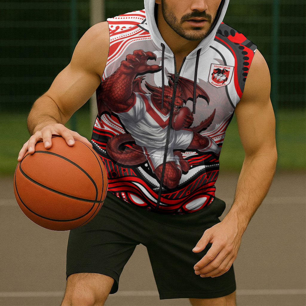 Personalized St George Illawarra Dragons Sleeveless Zip Hoodie Aboriginal Dot Art - Dreamtime Rugby Mascot