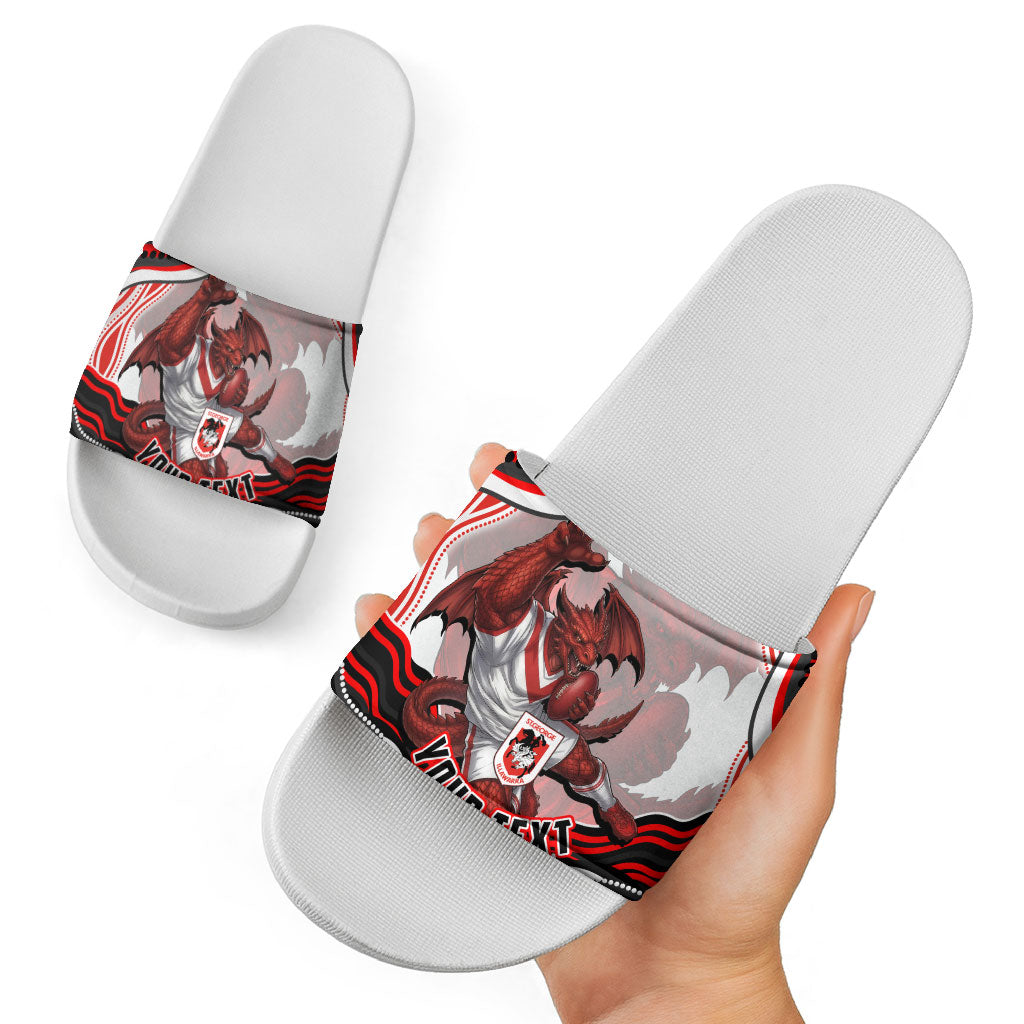 Personalized St George Illawarra Dragons Slide Sandals Aboriginal Dot Art - Dreamtime Rugby Mascot