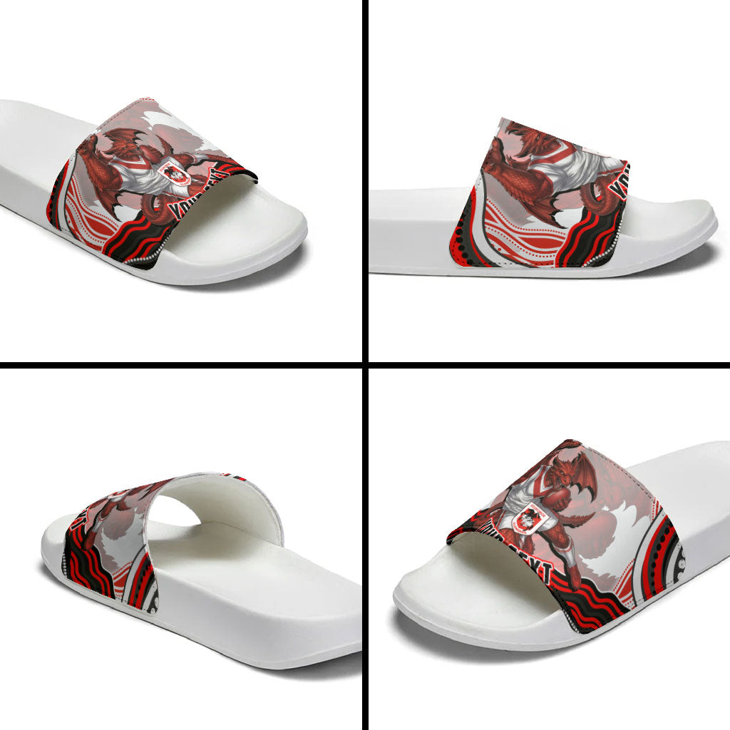 Personalized St George Illawarra Dragons Slide Sandals Aboriginal Dot Art - Dreamtime Rugby Mascot