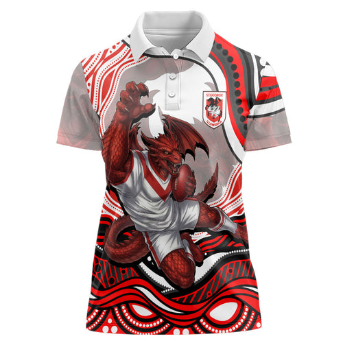 Personalized St George Illawarra Dragons Women Polo Shirt Aboriginal Dot Art - Dreamtime Rugby Mascot