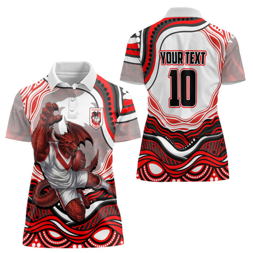Personalized St George Illawarra Dragons Women Polo Shirt Aboriginal Dot Art - Dreamtime Rugby Mascot