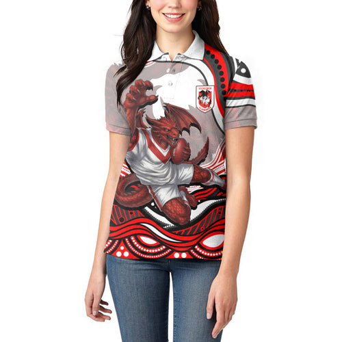 Personalized St George Illawarra Dragons Women Polo Shirt Aboriginal Dot Art - Dreamtime Rugby Mascot