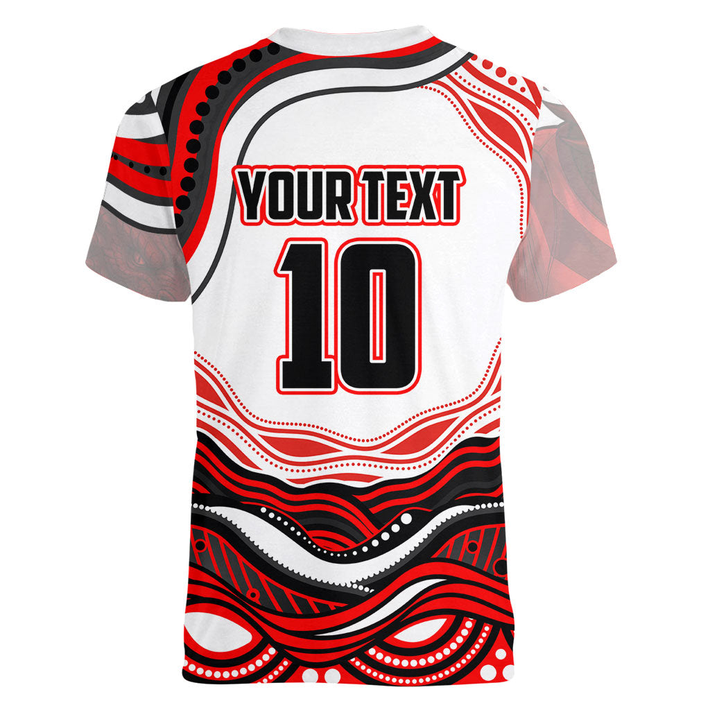 Personalized St George Illawarra Dragons Women V-Neck T-Shirt Aboriginal Dot Art - Dreamtime Rugby Mascot