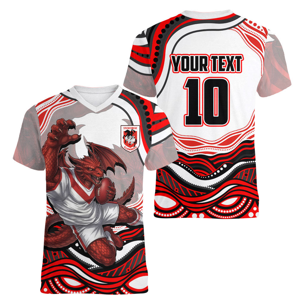 Personalized St George Illawarra Dragons Women V-Neck T-Shirt Aboriginal Dot Art - Dreamtime Rugby Mascot