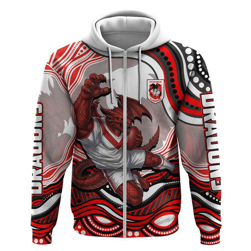 Personalized St George Illawarra Dragons Zip Hoodie Aboriginal Dot Art - Dreamtime Rugby Mascot