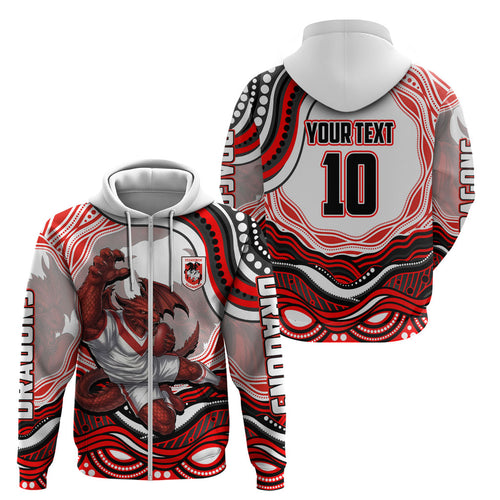 Personalized St George Illawarra Dragons Zip Hoodie Aboriginal Dot Art - Dreamtime Rugby Mascot