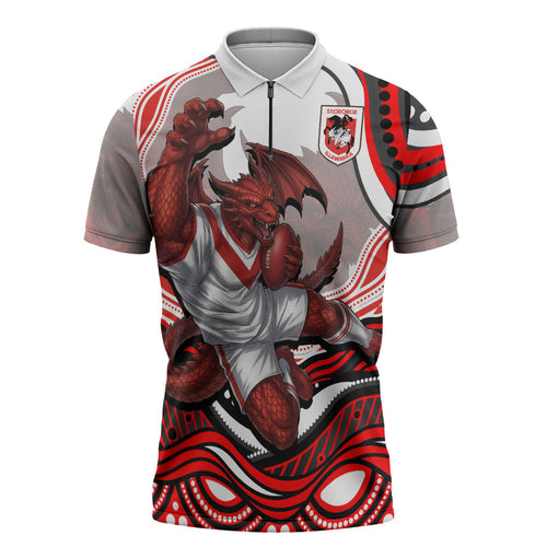 Personalized St George Illawarra Dragons Zipper Polo Shirt Aboriginal Dot Art - Dreamtime Rugby Mascot