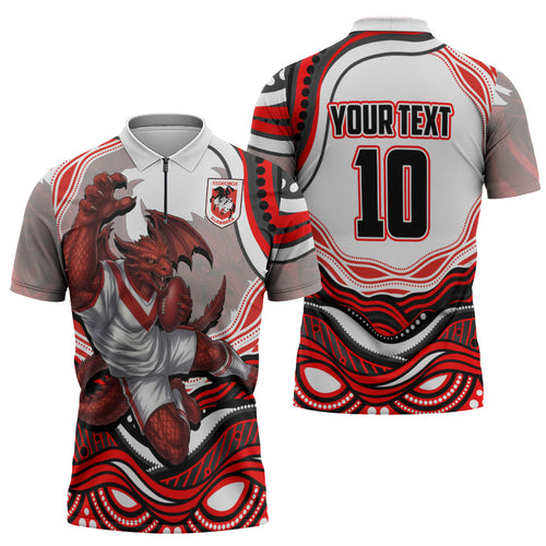 Personalized St George Illawarra Dragons Zipper Polo Shirt Aboriginal Dot Art - Dreamtime Rugby Mascot