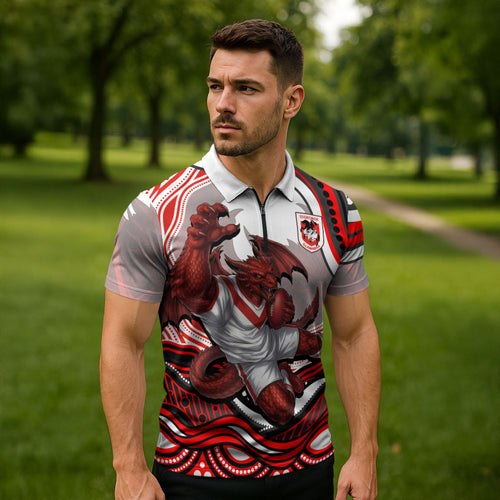 Personalized St George Illawarra Dragons Zipper Polo Shirt Aboriginal Dot Art - Dreamtime Rugby Mascot
