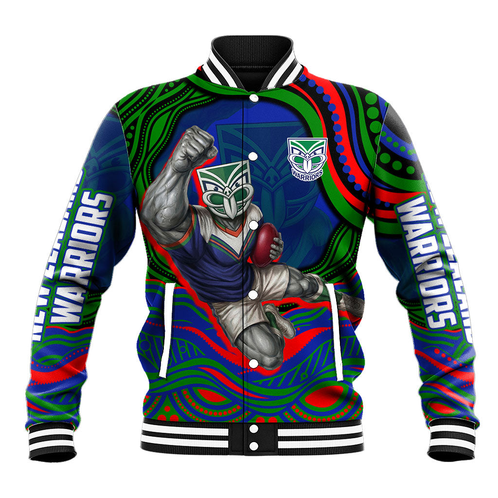 Personalized New Zealand Warriors Baseball Jacket Aboriginal Dot Art - Dreamtime Rugby Mascot