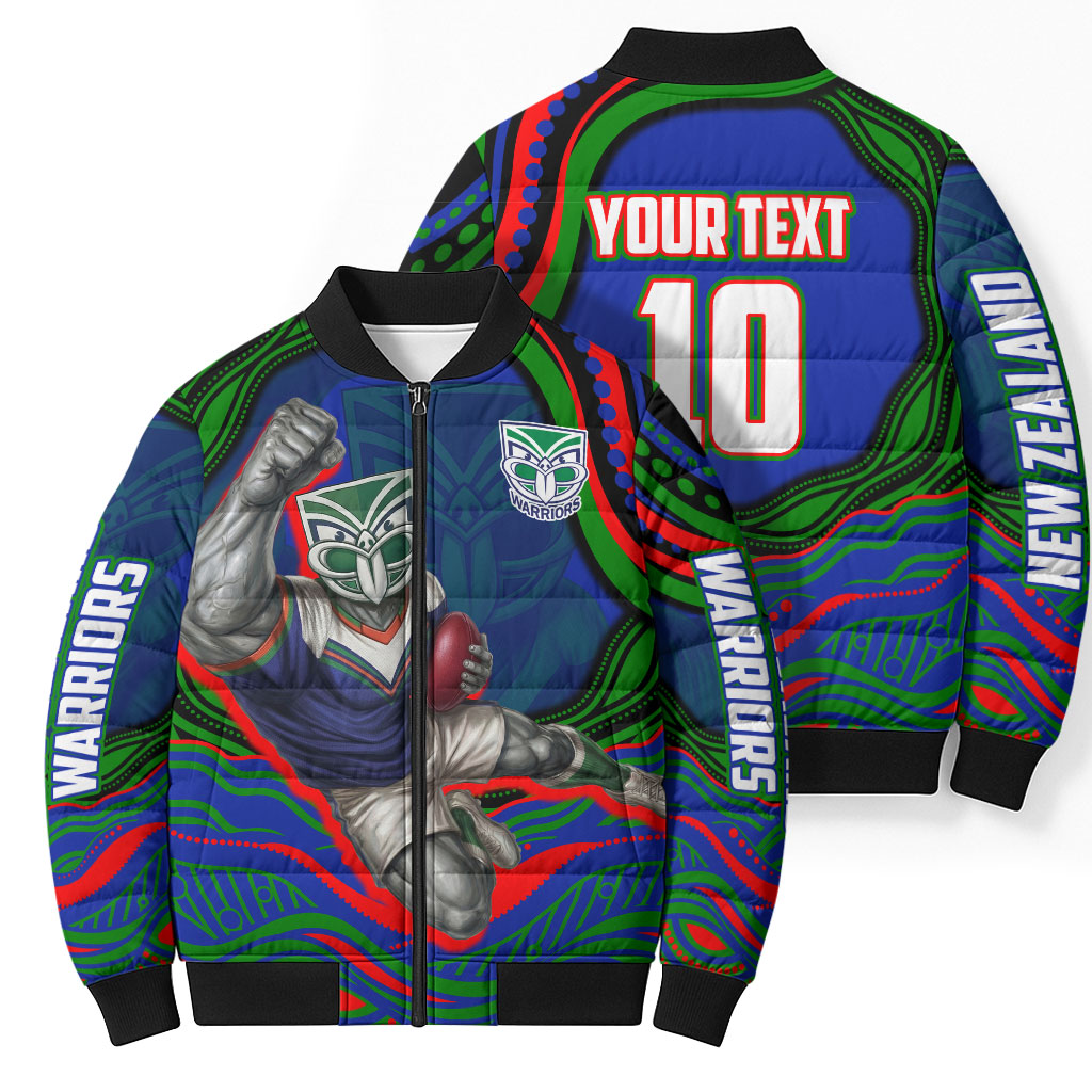 Personalized New Zealand Warriors Bomber Puffer Jacket Aboriginal Dot Art - Dreamtime Rugby Mascot