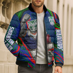 Personalized New Zealand Warriors Bomber Puffer Jacket Aboriginal Dot Art - Dreamtime Rugby Mascot