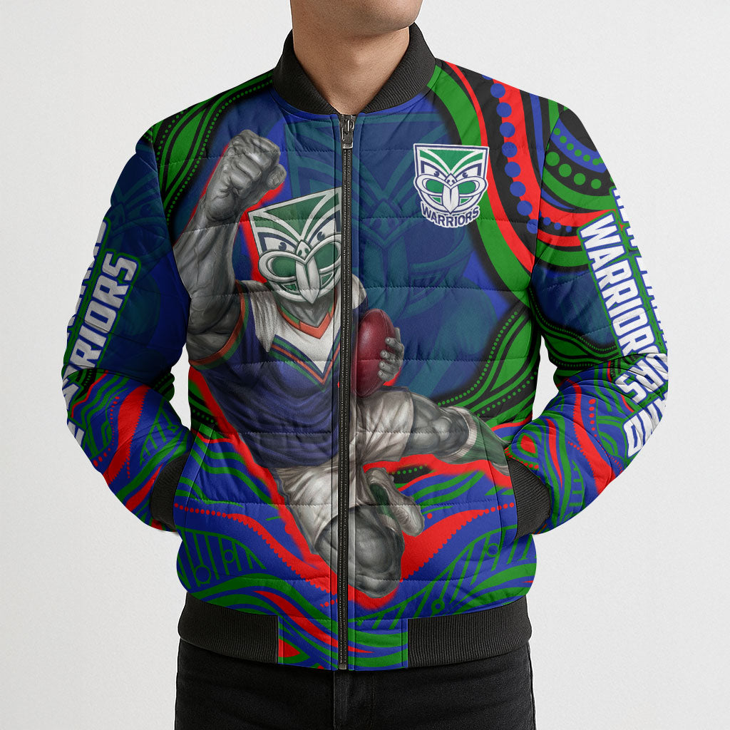 Personalized New Zealand Warriors Bomber Puffer Jacket Aboriginal Dot Art - Dreamtime Rugby Mascot