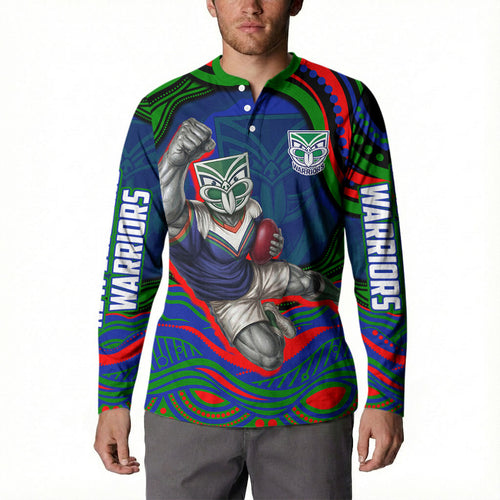 Personalized New Zealand Warriors Button Sweatshirt Aboriginal Dot Art - Dreamtime Rugby Mascot