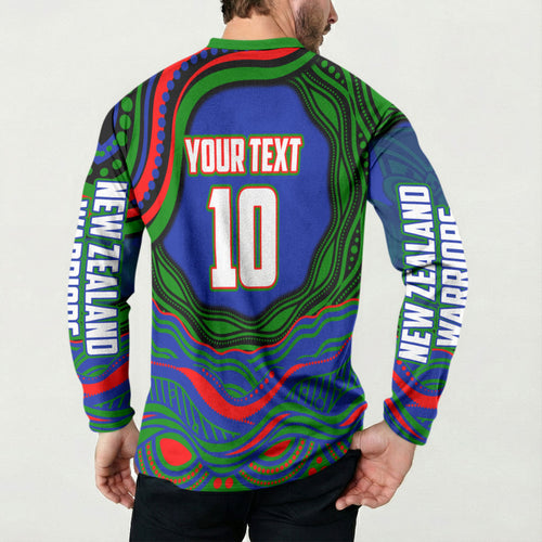 Personalized New Zealand Warriors Button Sweatshirt Aboriginal Dot Art - Dreamtime Rugby Mascot