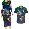 Personalized New Zealand Warriors Couples Matching Long Sleeve Bodycon Dress and Hawaiian Shirt Aboriginal Dot Art - Dreamtime Rugby Mascot