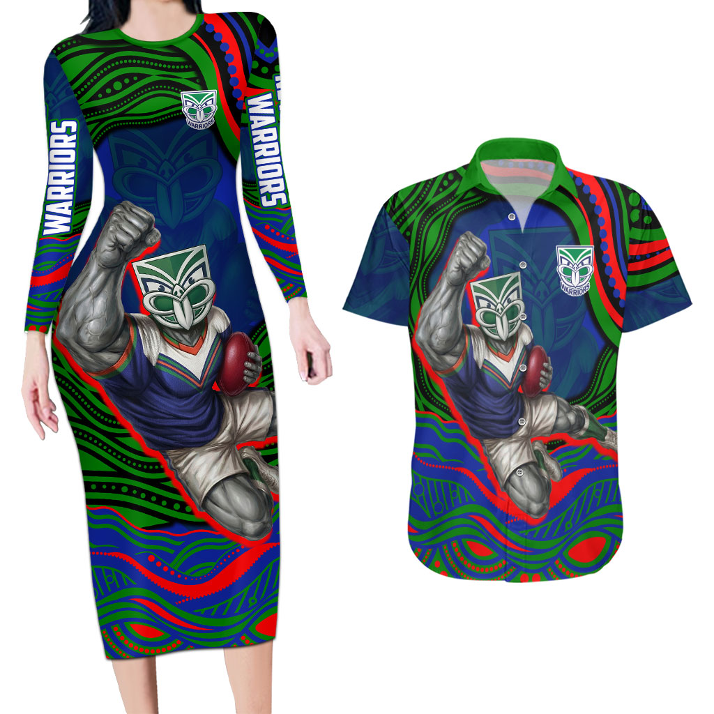 Personalized New Zealand Warriors Couples Matching Long Sleeve Bodycon Dress and Hawaiian Shirt Aboriginal Dot Art - Dreamtime Rugby Mascot
