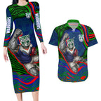 Personalized New Zealand Warriors Couples Matching Long Sleeve Bodycon Dress and Hawaiian Shirt Aboriginal Dot Art - Dreamtime Rugby Mascot