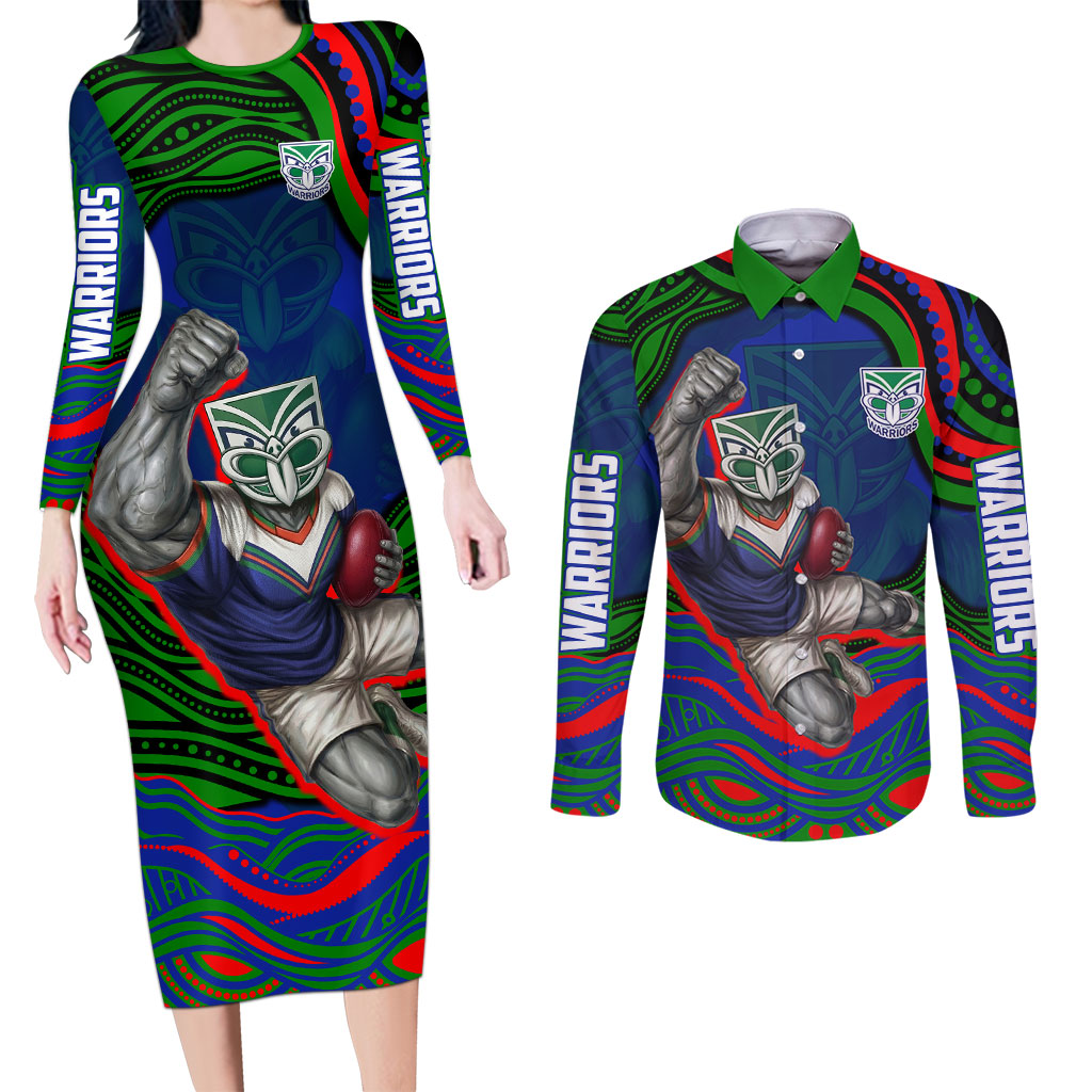 Personalized New Zealand Warriors Couples Matching Long Sleeve Bodycon Dress and Long Sleeve Button Shirt Aboriginal Dot Art - Dreamtime Rugby Mascot