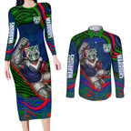Personalized New Zealand Warriors Couples Matching Long Sleeve Bodycon Dress and Long Sleeve Button Shirt Aboriginal Dot Art - Dreamtime Rugby Mascot