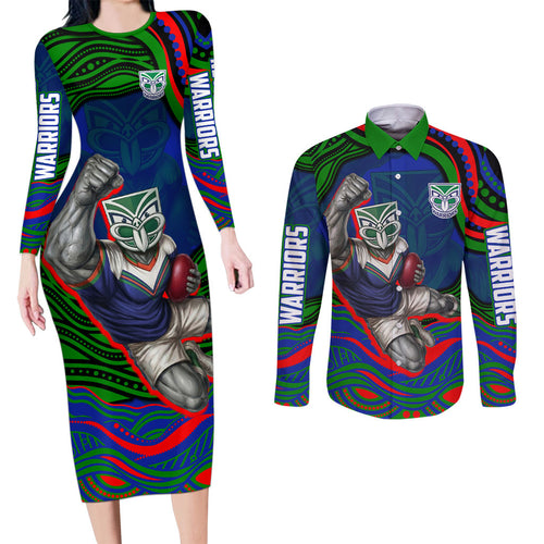 Personalized New Zealand Warriors Couples Matching Long Sleeve Bodycon Dress and Long Sleeve Button Shirt Aboriginal Dot Art - Dreamtime Rugby Mascot
