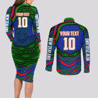 Personalized New Zealand Warriors Couples Matching Long Sleeve Bodycon Dress and Long Sleeve Button Shirt Aboriginal Dot Art - Dreamtime Rugby Mascot