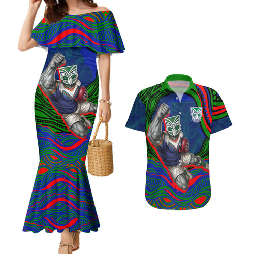 Personalized New Zealand Warriors Couples Matching Mermaid Dress and Hawaiian Shirt Aboriginal Dot Art - Dreamtime Rugby Mascot
