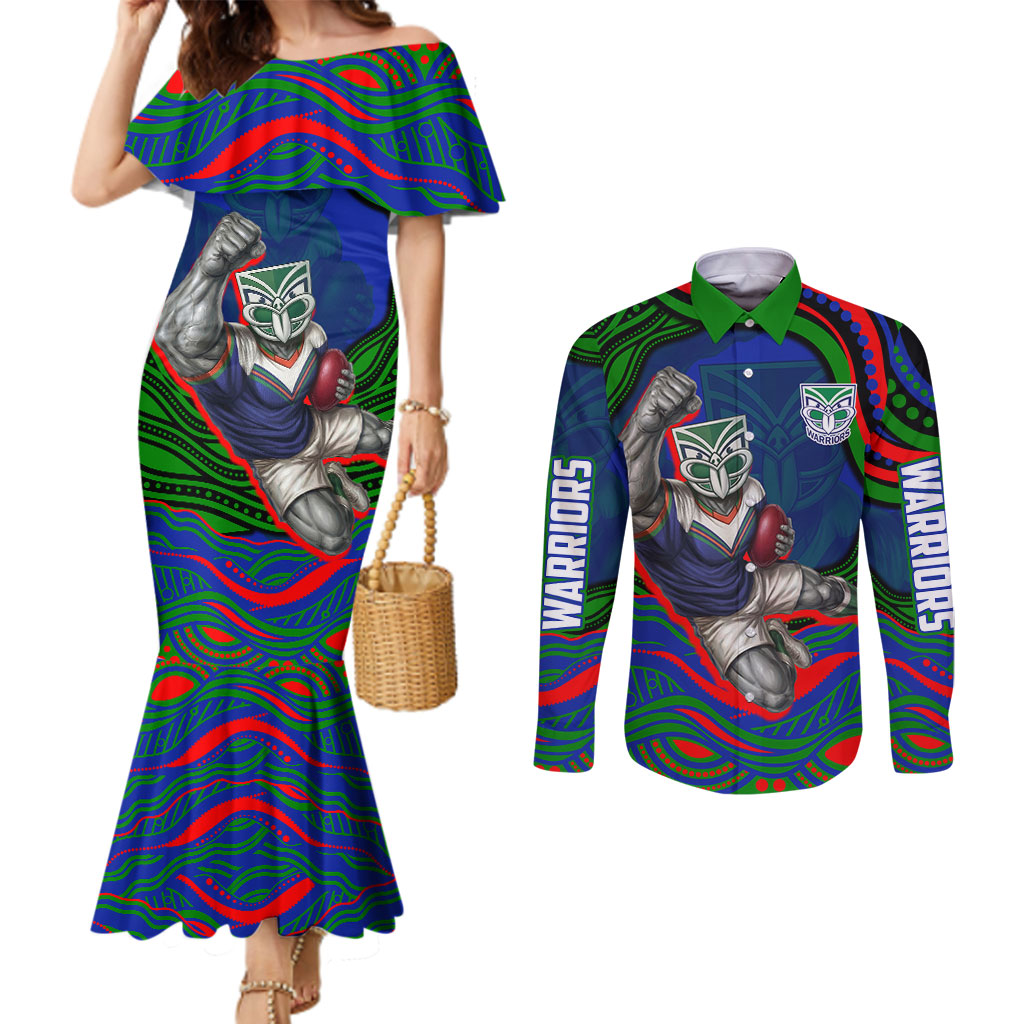 Personalized New Zealand Warriors Couples Matching Mermaid Dress and Long Sleeve Button Shirt Aboriginal Dot Art - Dreamtime Rugby Mascot
