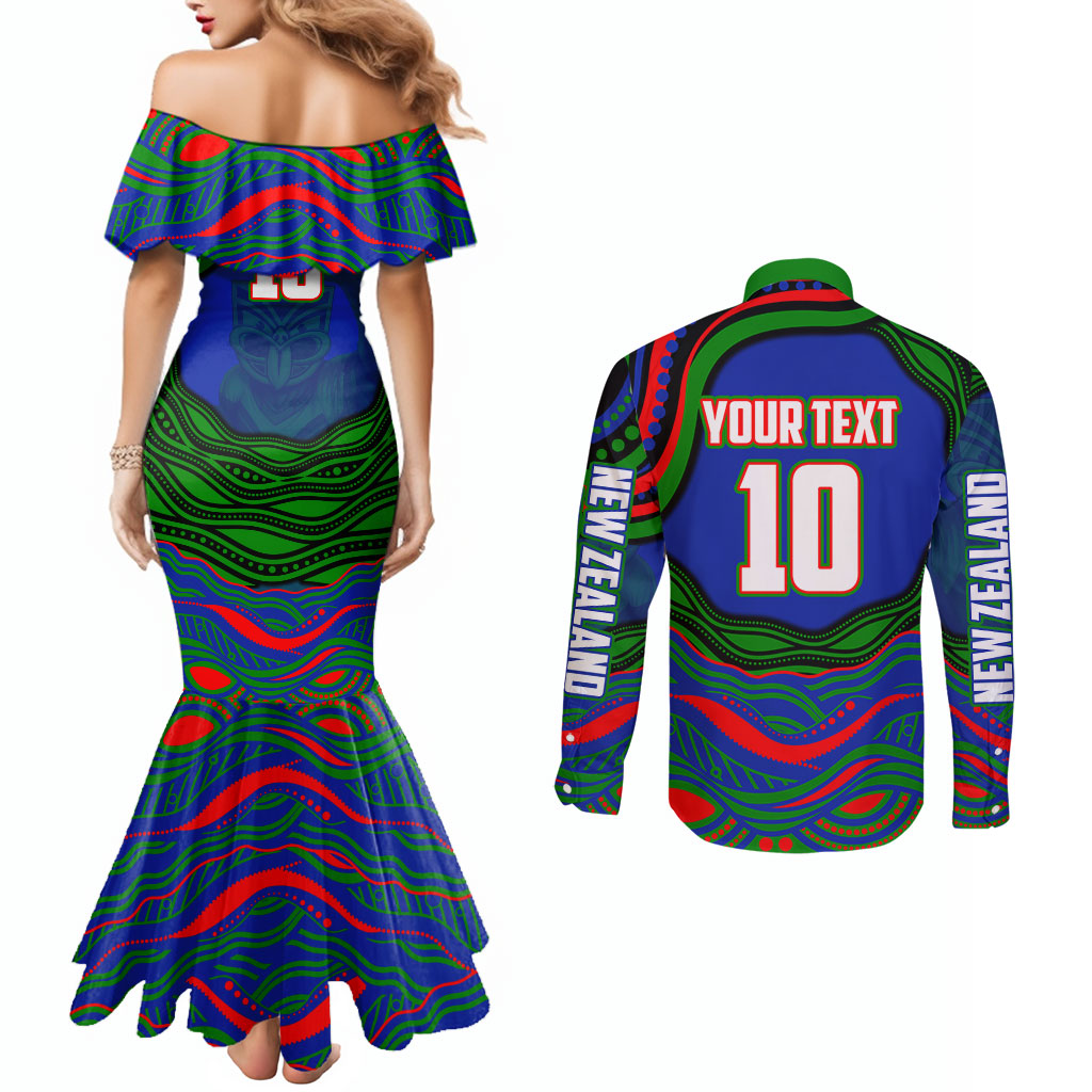 Personalized New Zealand Warriors Couples Matching Mermaid Dress and Long Sleeve Button Shirt Aboriginal Dot Art - Dreamtime Rugby Mascot