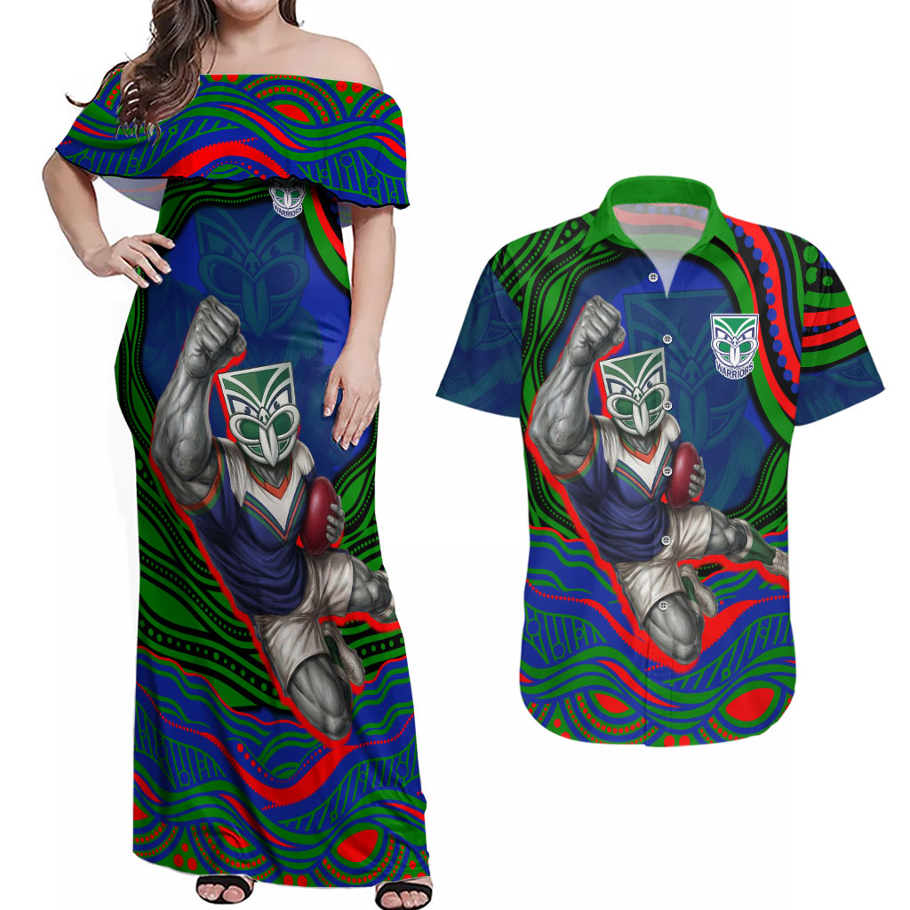 Personalized New Zealand Warriors Couples Matching Off Shoulder Maxi Dress and Hawaiian Shirt Aboriginal Dot Art - Dreamtime Rugby Mascot