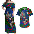 Personalized New Zealand Warriors Couples Matching Off Shoulder Maxi Dress and Hawaiian Shirt Aboriginal Dot Art - Dreamtime Rugby Mascot