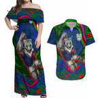 Personalized New Zealand Warriors Couples Matching Off Shoulder Maxi Dress and Hawaiian Shirt Aboriginal Dot Art - Dreamtime Rugby Mascot