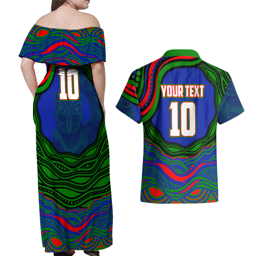Personalized New Zealand Warriors Couples Matching Off Shoulder Maxi Dress and Hawaiian Shirt Aboriginal Dot Art - Dreamtime Rugby Mascot