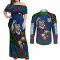 Personalized New Zealand Warriors Couples Matching Off Shoulder Maxi Dress and Long Sleeve Button Shirt Aboriginal Dot Art - Dreamtime Rugby Mascot