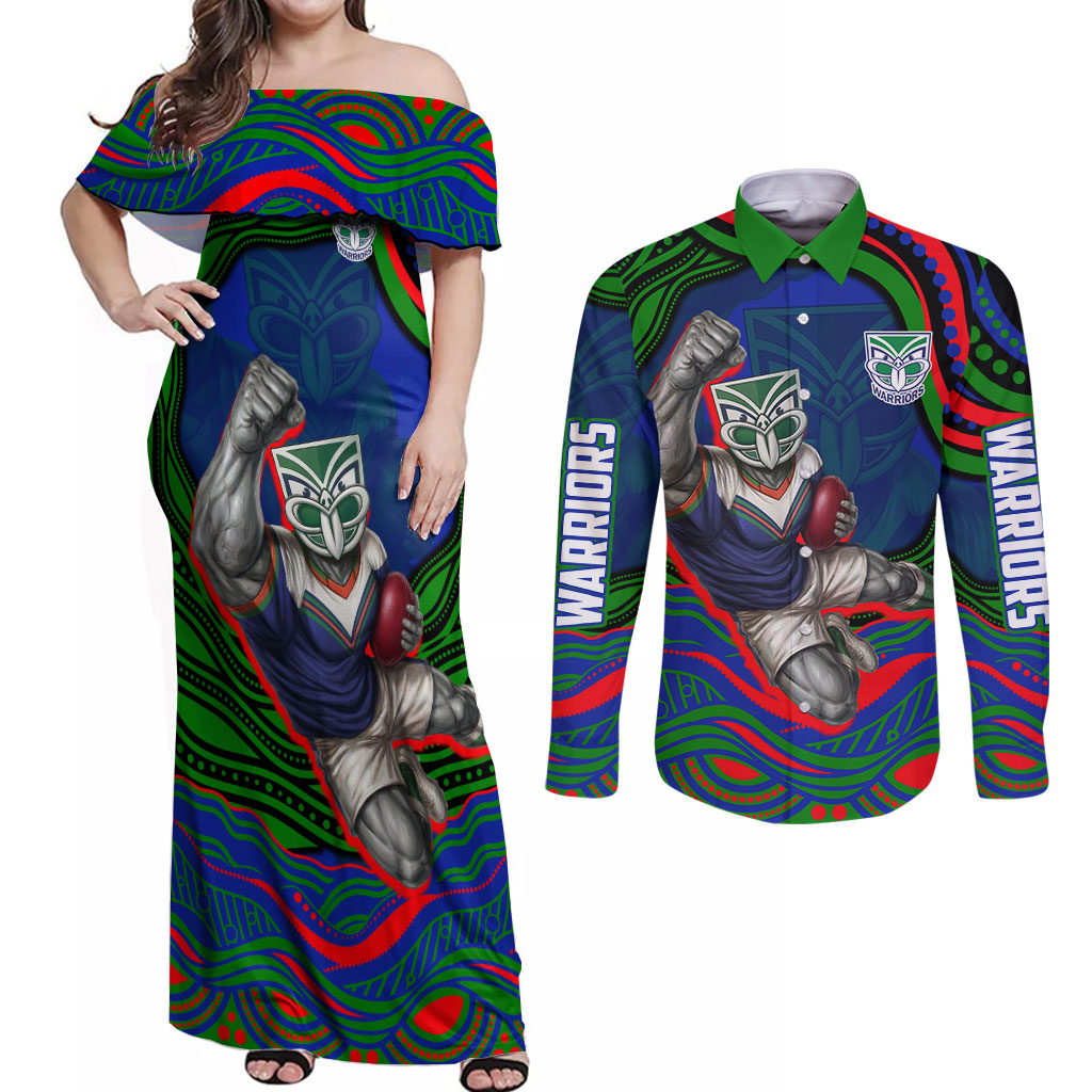 Personalized New Zealand Warriors Couples Matching Off Shoulder Maxi Dress and Long Sleeve Button Shirt Aboriginal Dot Art - Dreamtime Rugby Mascot