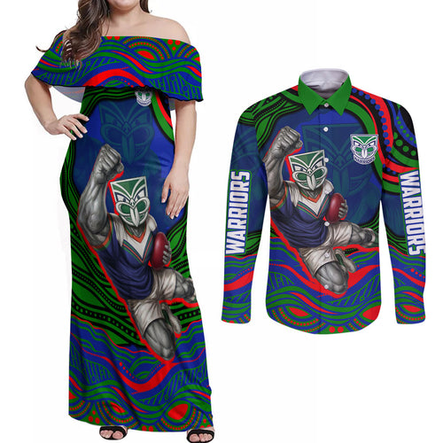 Personalized New Zealand Warriors Couples Matching Off Shoulder Maxi Dress and Long Sleeve Button Shirt Aboriginal Dot Art - Dreamtime Rugby Mascot