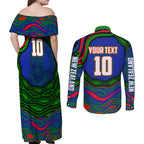 Personalized New Zealand Warriors Couples Matching Off Shoulder Maxi Dress and Long Sleeve Button Shirt Aboriginal Dot Art - Dreamtime Rugby Mascot