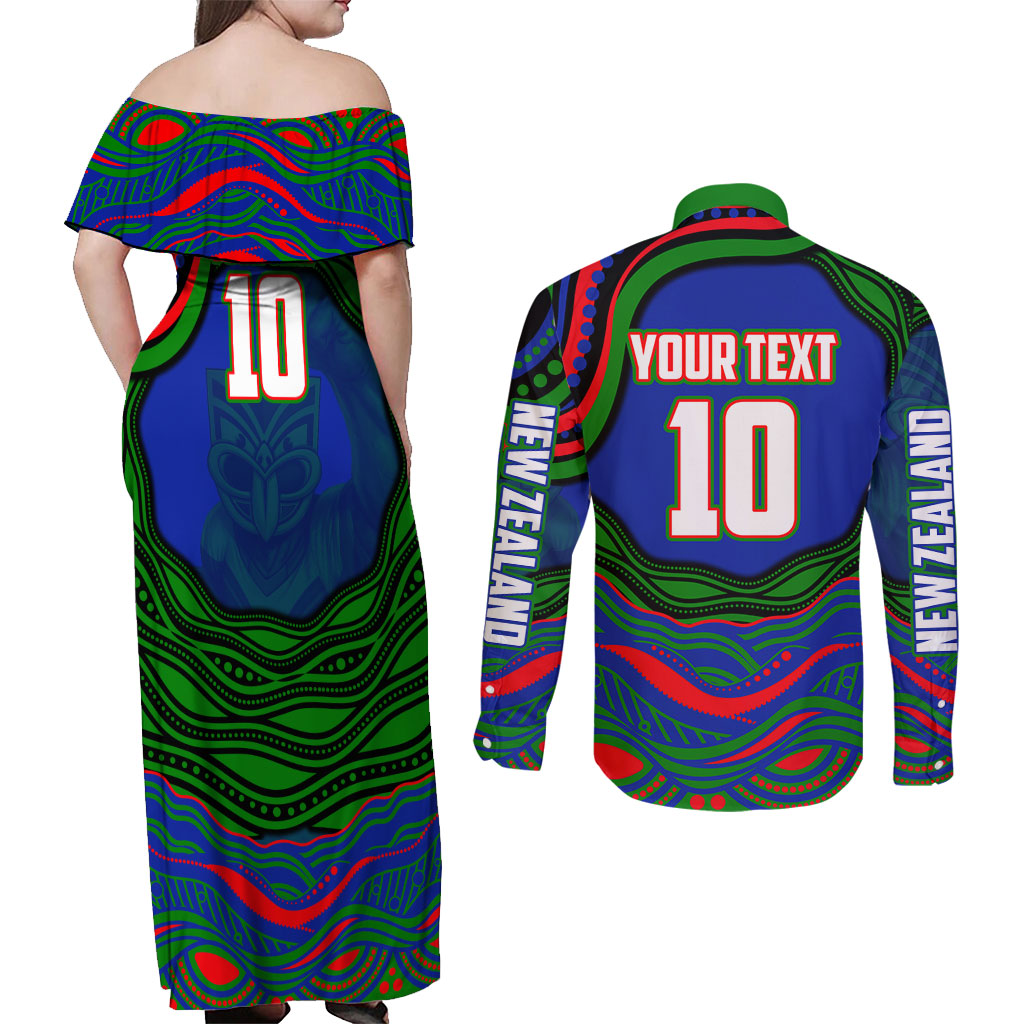 Personalized New Zealand Warriors Couples Matching Off Shoulder Maxi Dress and Long Sleeve Button Shirt Aboriginal Dot Art - Dreamtime Rugby Mascot