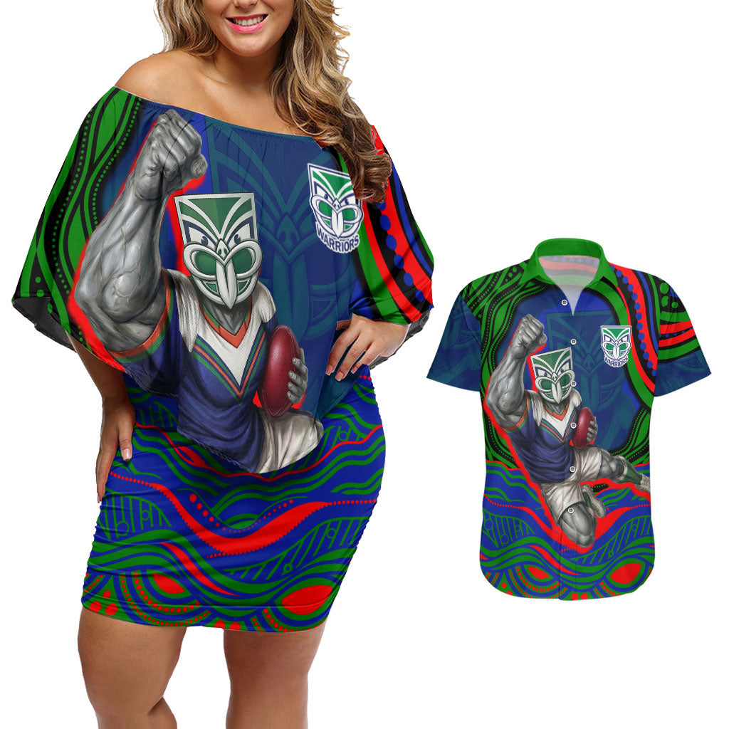 Personalized New Zealand Warriors Couples Matching Off Shoulder Short Dress and Hawaiian Shirt Aboriginal Dot Art - Dreamtime Rugby Mascot