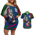 Personalized New Zealand Warriors Couples Matching Off Shoulder Short Dress and Hawaiian Shirt Aboriginal Dot Art - Dreamtime Rugby Mascot