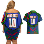 Personalized New Zealand Warriors Couples Matching Off Shoulder Short Dress and Hawaiian Shirt Aboriginal Dot Art - Dreamtime Rugby Mascot
