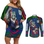 Personalized New Zealand Warriors Couples Matching Off Shoulder Short Dress and Long Sleeve Button Shirt Aboriginal Dot Art - Dreamtime Rugby Mascot