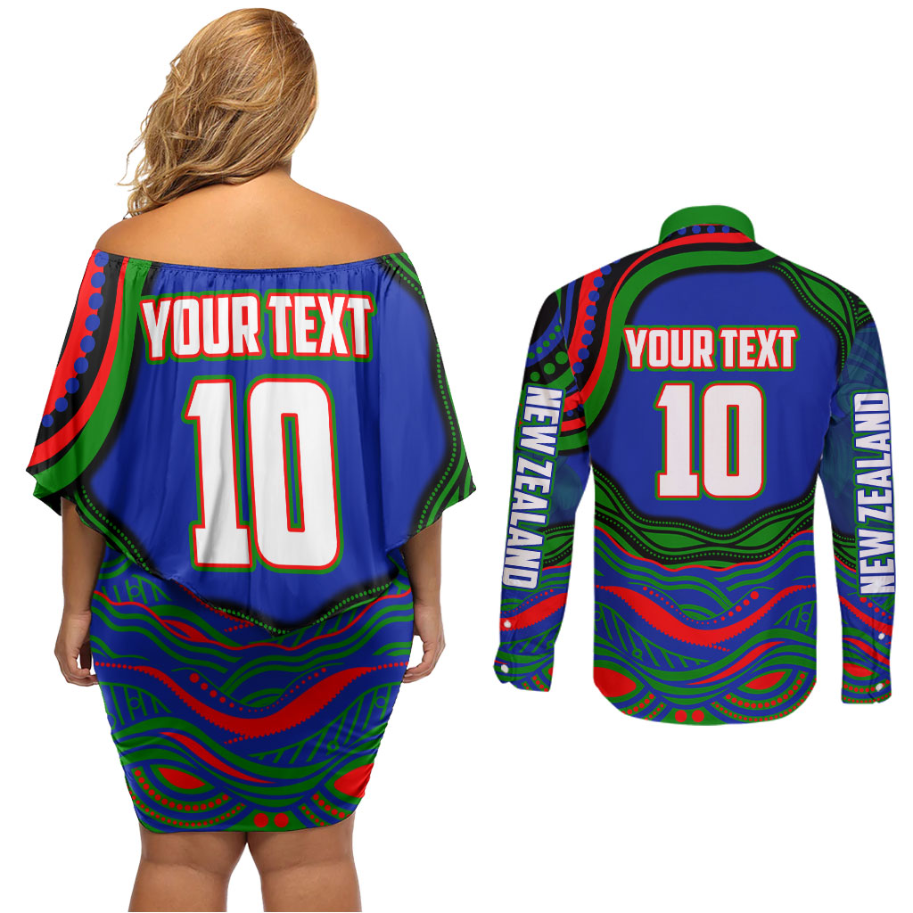Personalized New Zealand Warriors Couples Matching Off Shoulder Short Dress and Long Sleeve Button Shirt Aboriginal Dot Art - Dreamtime Rugby Mascot