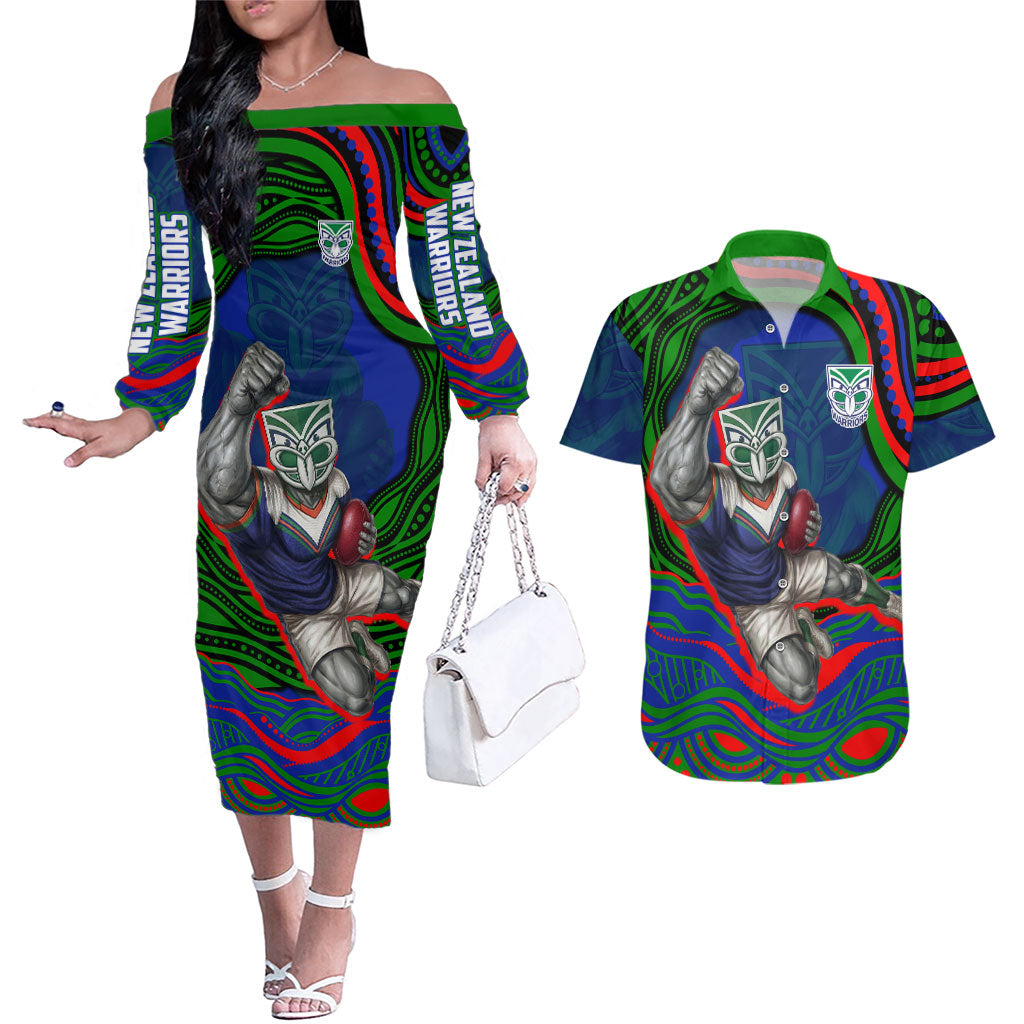 Personalized New Zealand Warriors Couples Matching Off The Shoulder Long Sleeve Dress and Hawaiian Shirt Aboriginal Dot Art - Dreamtime Rugby Mascot