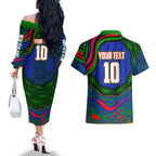 Personalized New Zealand Warriors Couples Matching Off The Shoulder Long Sleeve Dress and Hawaiian Shirt Aboriginal Dot Art - Dreamtime Rugby Mascot