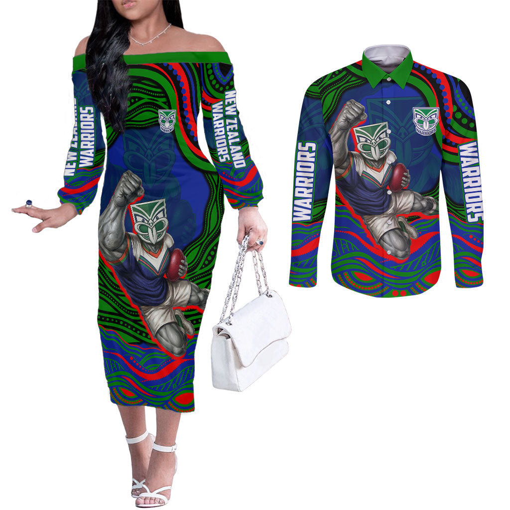 Personalized New Zealand Warriors Couples Matching Off The Shoulder Long Sleeve Dress and Long Sleeve Button Shirt Aboriginal Dot Art - Dreamtime Rugby Mascot